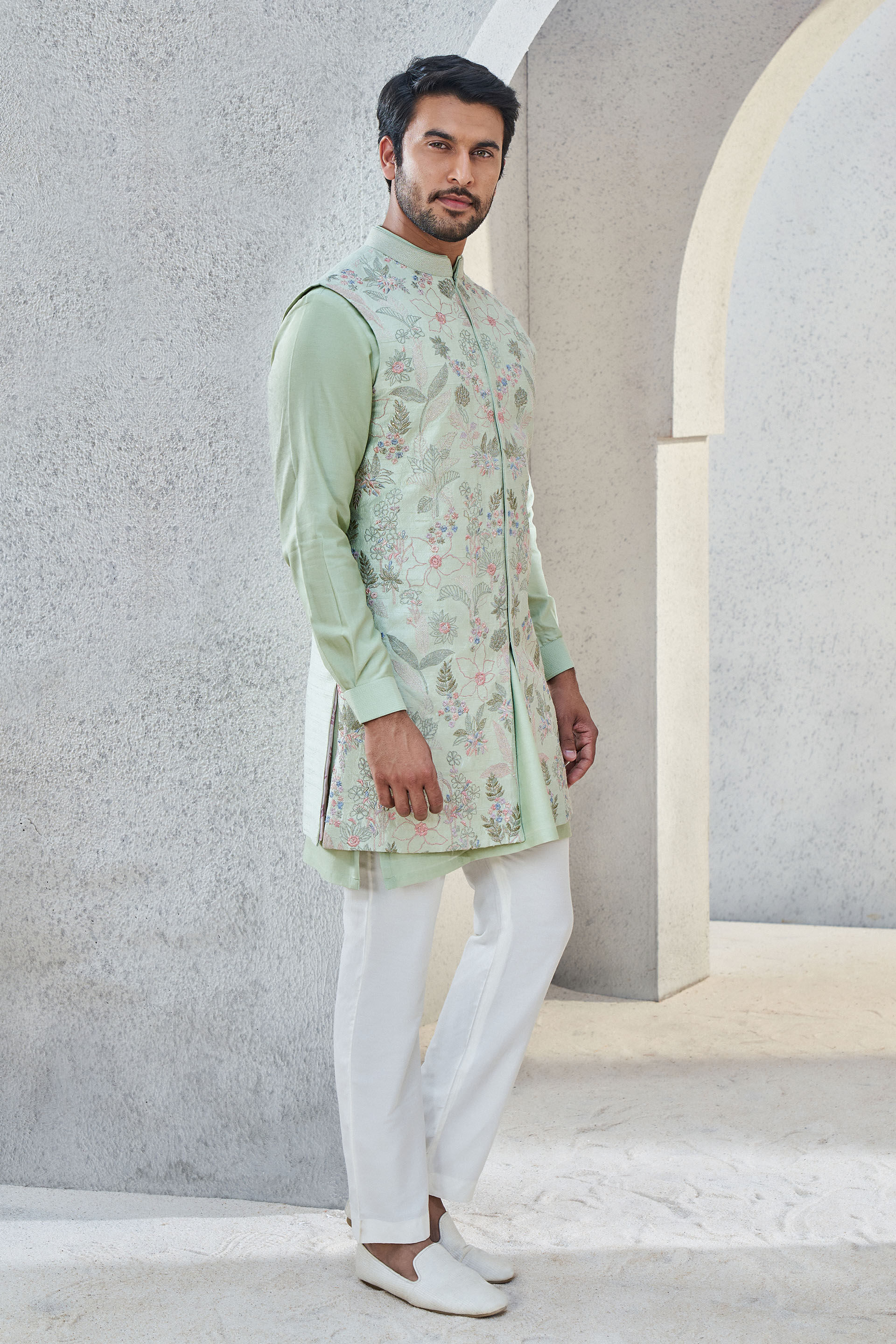 Nehru jacket on green kurta best sale